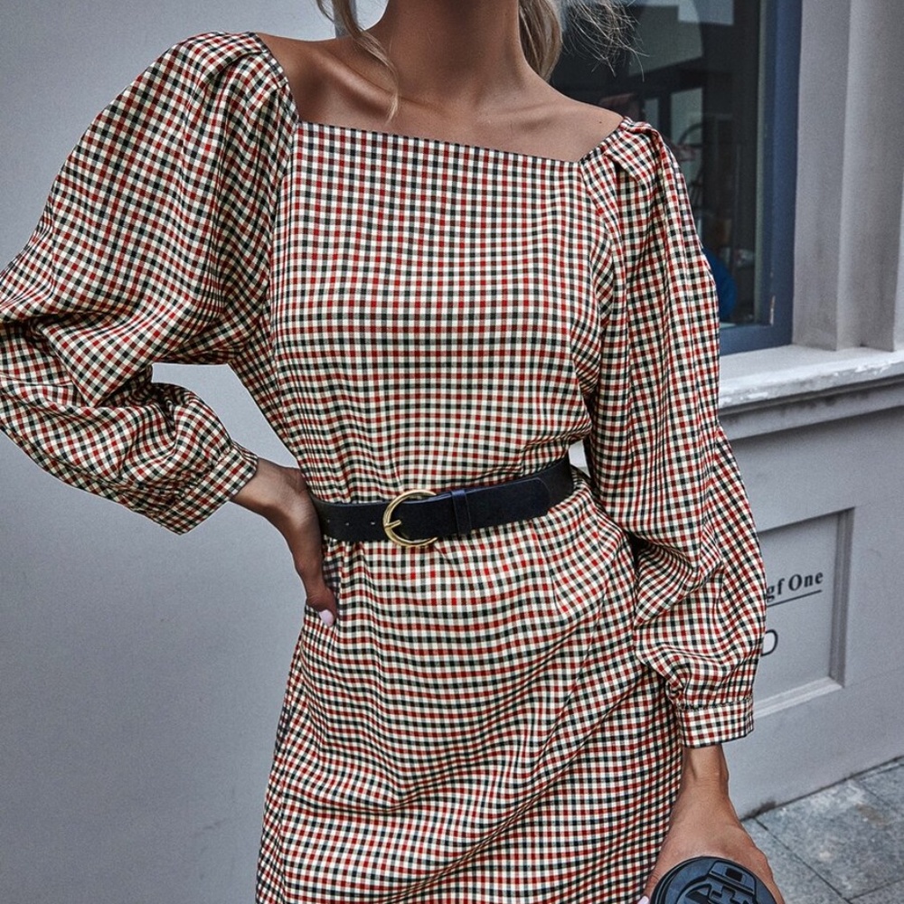 plaid long wide sleeve fall classic mini dress - Picture 5 of 5